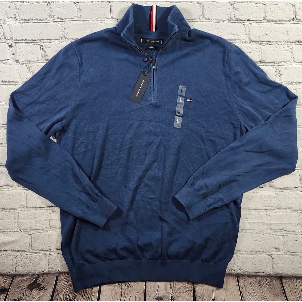 NWT Tommy Hilfiger Mens Quarter Zip Mock Neck Sweater Blue Cotton Large